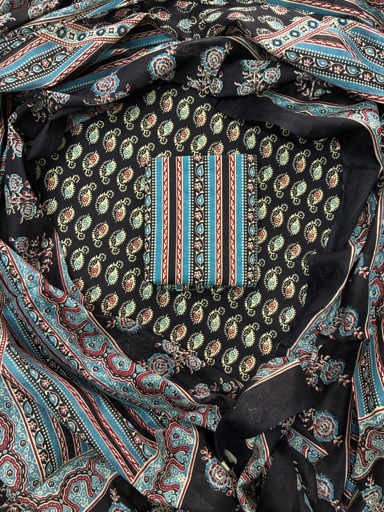 Pure Cotton Hand Block Print Unstitched Suit With Cotton Dupatta.