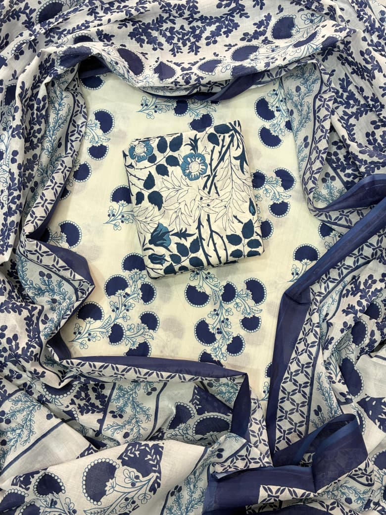 Pure Cotton Hand Block Print Unstitched Suit With Cotton Dupatta.