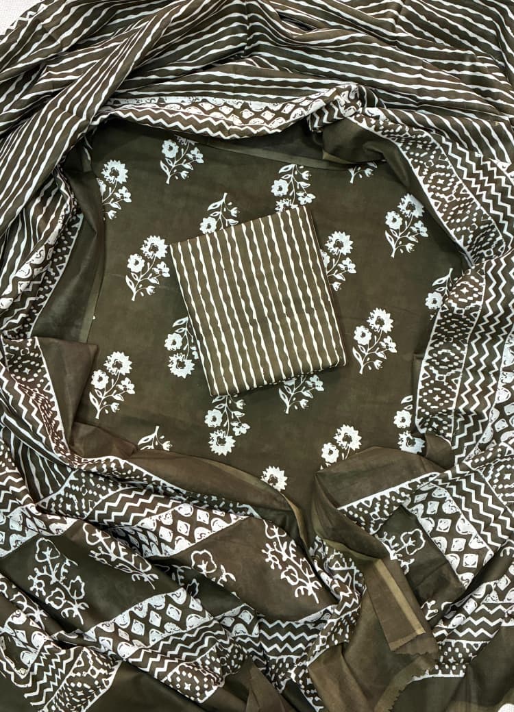 Pure Cotton Hand Block Print Unstitched Suit With Cotton Dupatta.