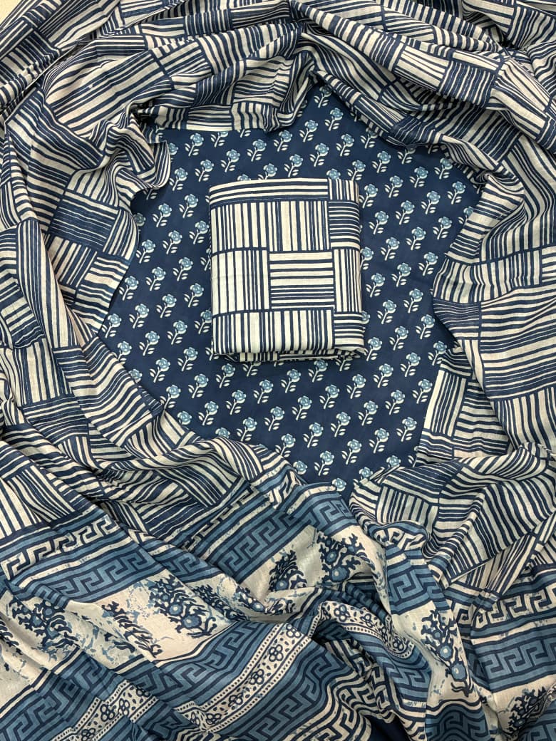 Pure Cotton Hand Block Print Unstitched Suit With Cotton Dupatta.