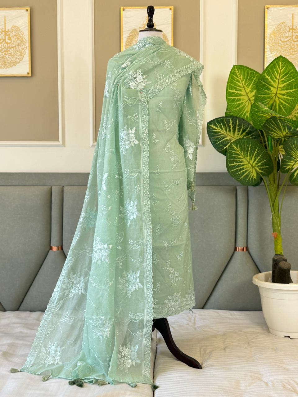 Pure Banarasi Mul Chanderi Unstitched Suit With Applique Cut Work