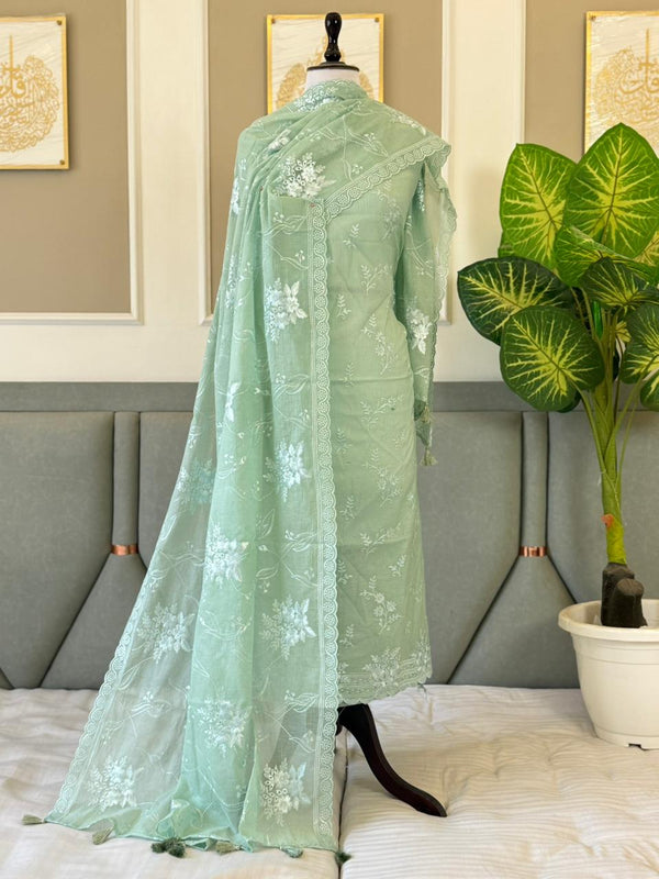 Pure Banarasi Mul Chanderi Unstitched Suit With Applique Cut Work