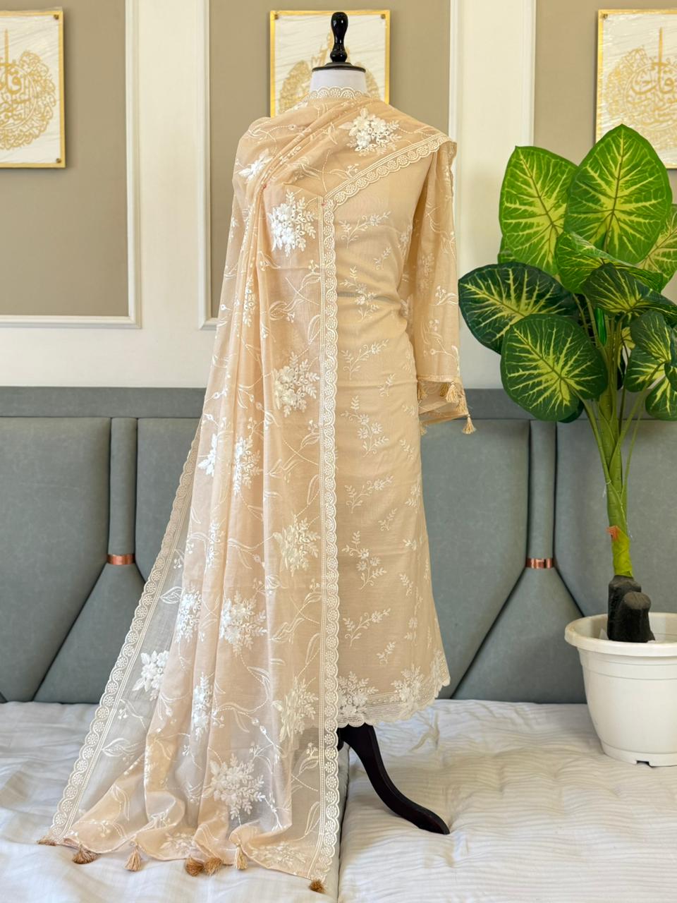 Pure Banarasi Mul Chanderi Unstitched Suit With Applique Cut Work