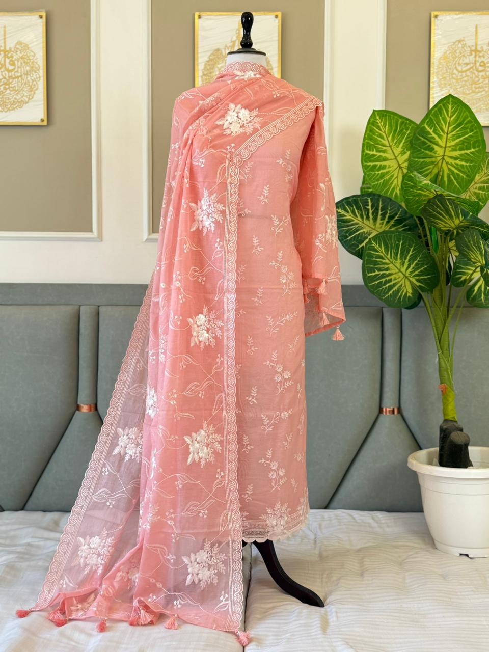 Pure Banarasi Mul Chanderi Unstitched Suit With Applique Cut Work