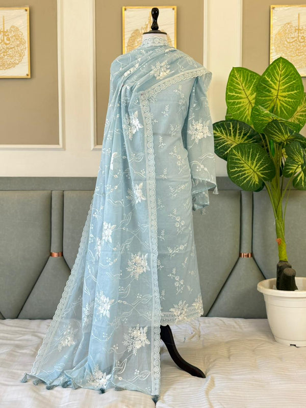 Pure Banarasi Mul Chanderi Unstitched Suit With Applique Cut Work