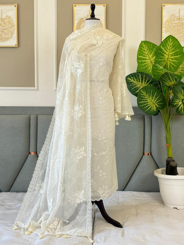 Pure Banarasi Mul Chanderi Unstitched Suit With Applique Cut Work