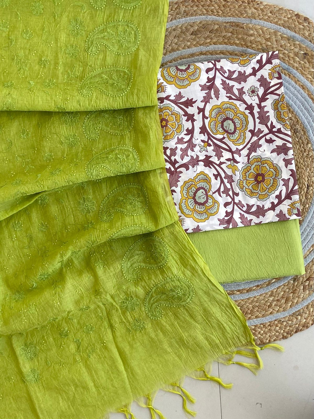 Pure Cotton Azrakh Print Unstitched suit With Chanderi Embroidary Work Dupatta.
