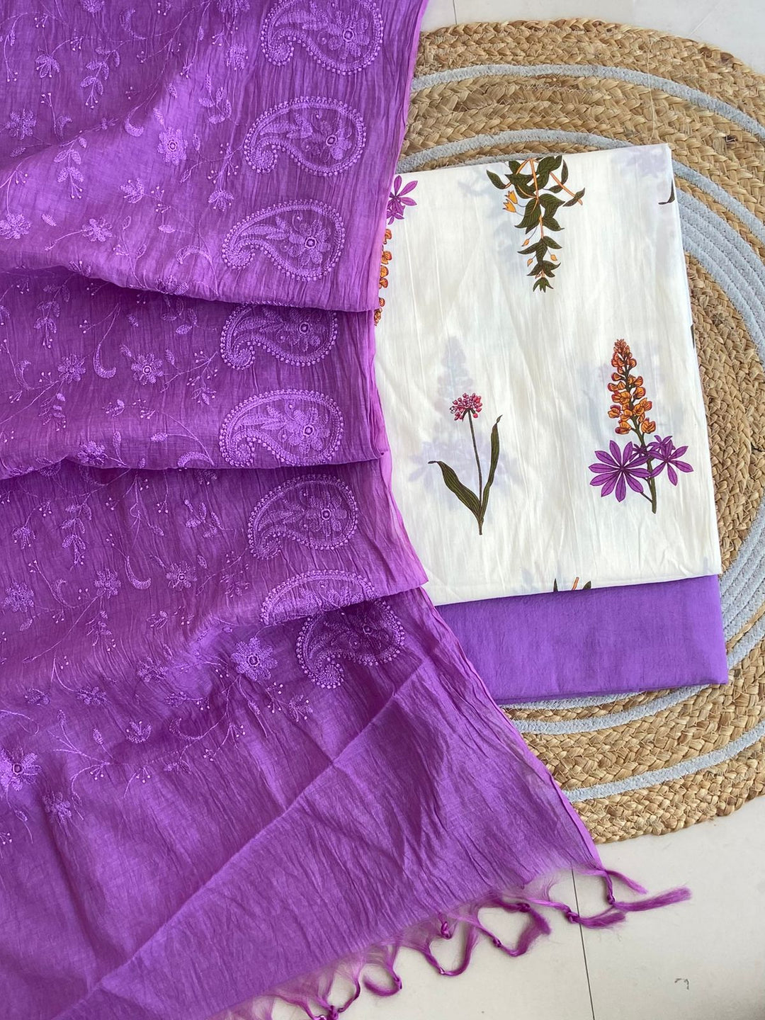 Pure Cotton Azrakh Print Unstitched suit With Chanderi Embroidary Work Dupatta.