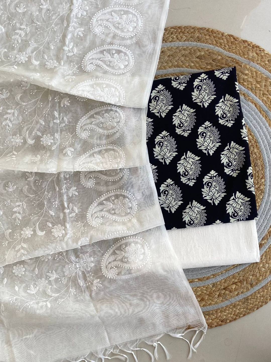 Pure Cotton Azrakh Print Unstitched suit With Chanderi Embroidary Work Dupatta.