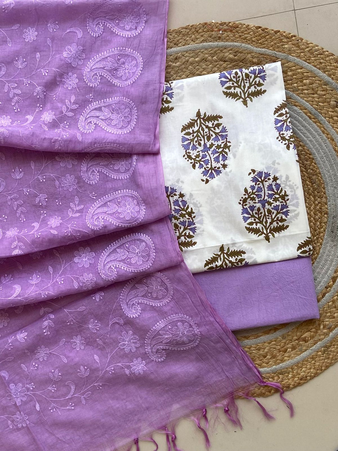 Pure Cotton Azrakh Print Unstitched suit With Chanderi Embroidary Work Dupatta.