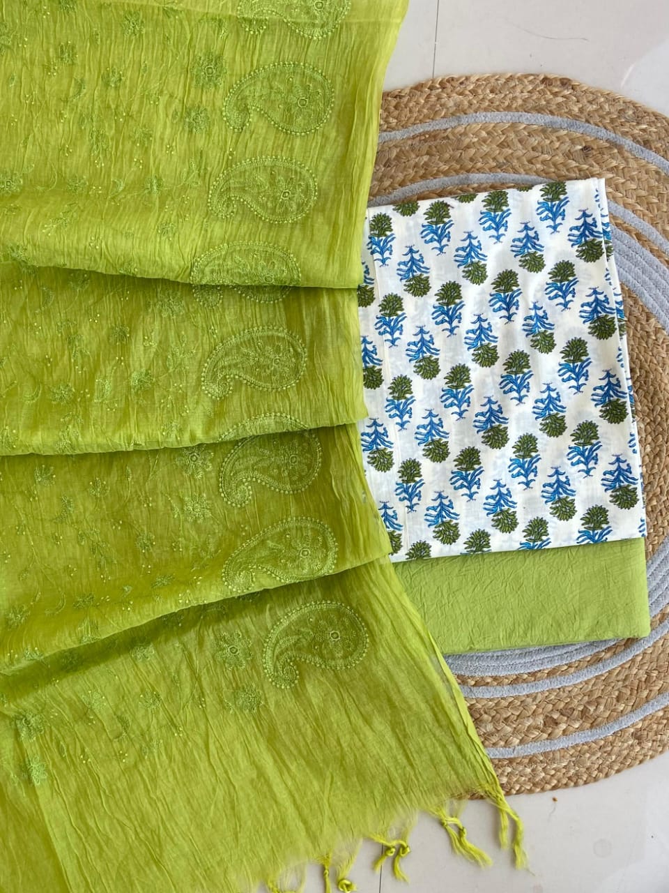 Pure Cotton Azrakh Print Unstitched suit With Chanderi Embroidary Work Dupatta.