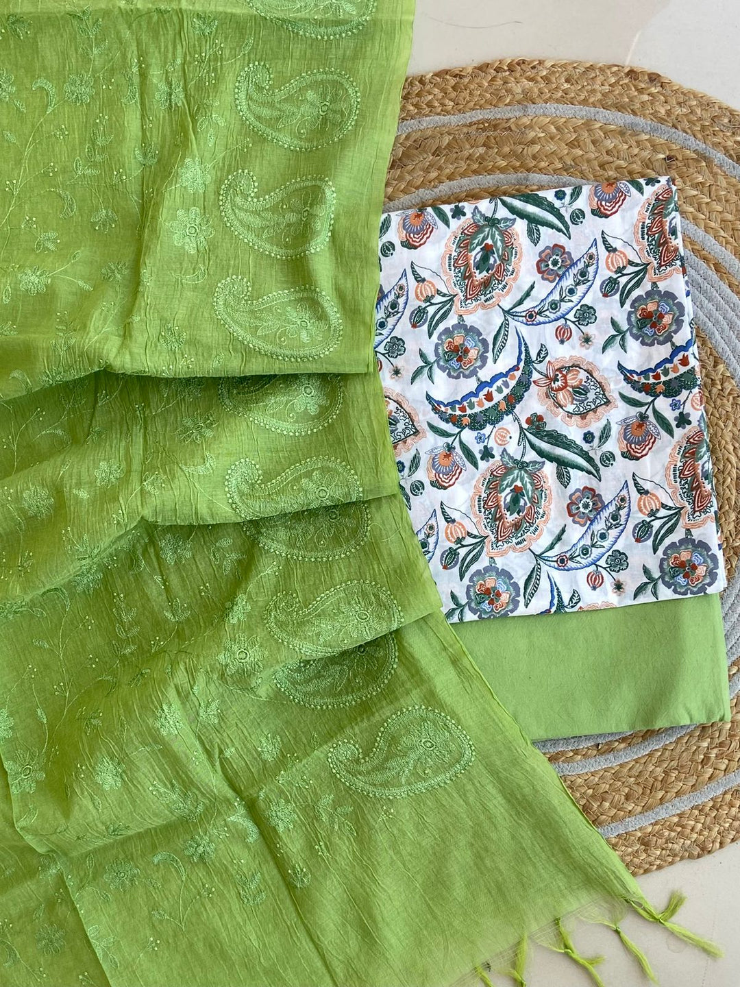 Pure Cotton Azrakh Print Unstitched suit With Chanderi Embroidary Work Dupatta.