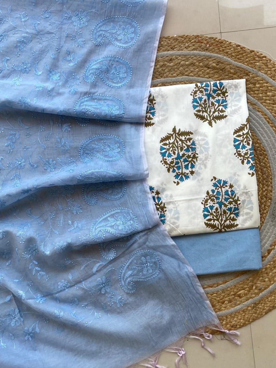 Pure Cotton Azrakh Print Unstitched suit With Chanderi Embroidary Work Dupatta.