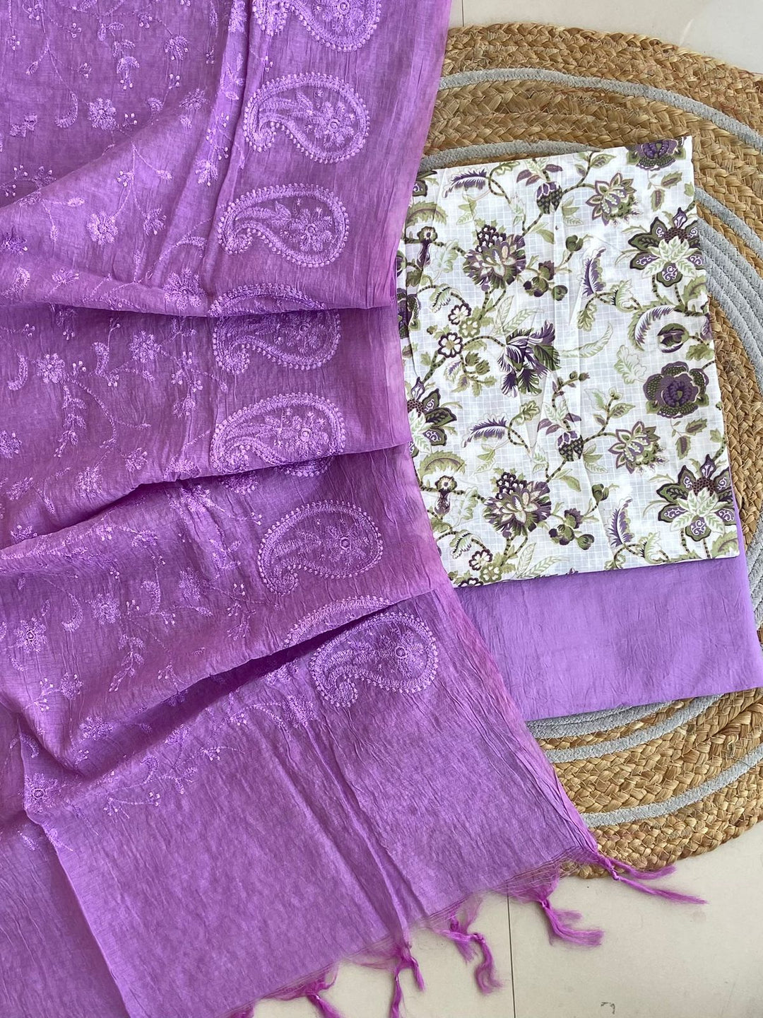 Pure Cotton Azrakh Print Unstitched suit With Chanderi Embroidary Work Dupatta.