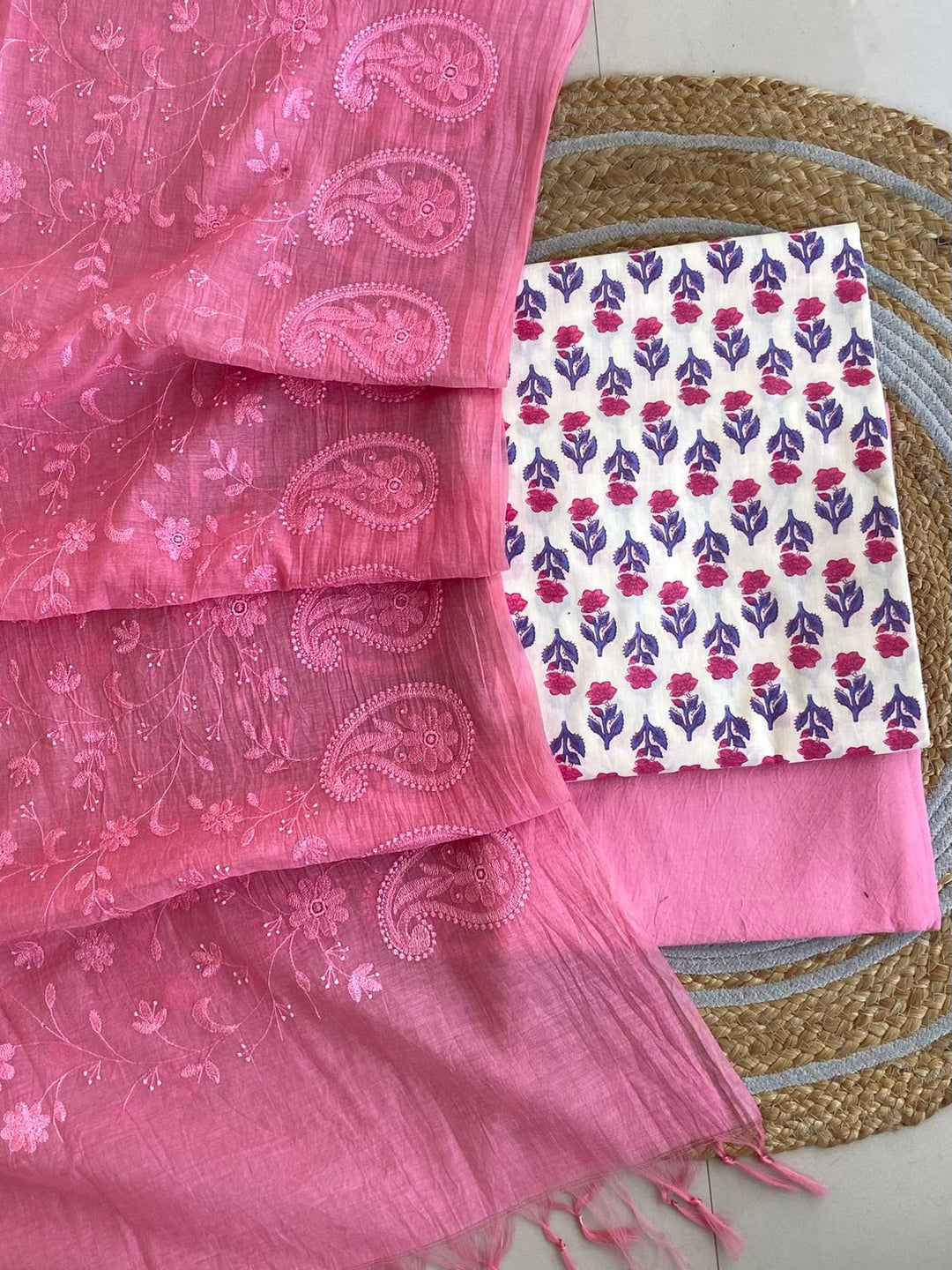 Pure Cotton Azrakh Print Unstitched suit With Chanderi Embroidary Work Dupatta.