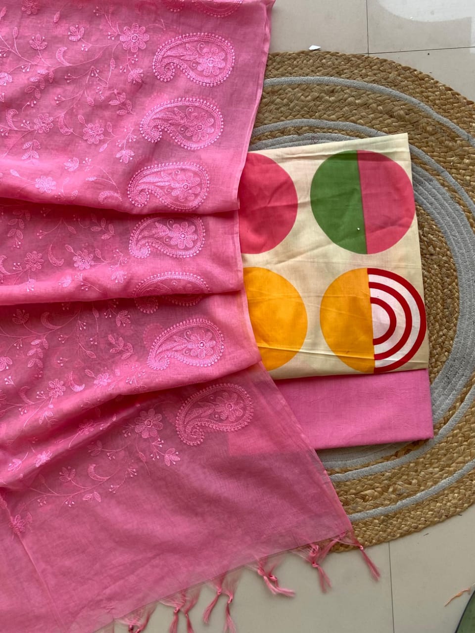 Pure Cotton Azrakh Print Unstitched suit With Chanderi Embroidary Work Dupatta.