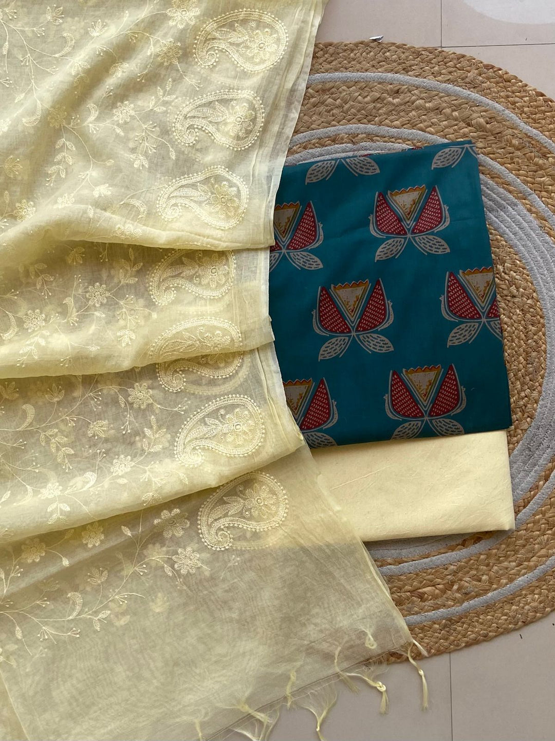Pure Cotton Azrakh Print Unstitched suit With Chanderi Embroidary Work Dupatta.