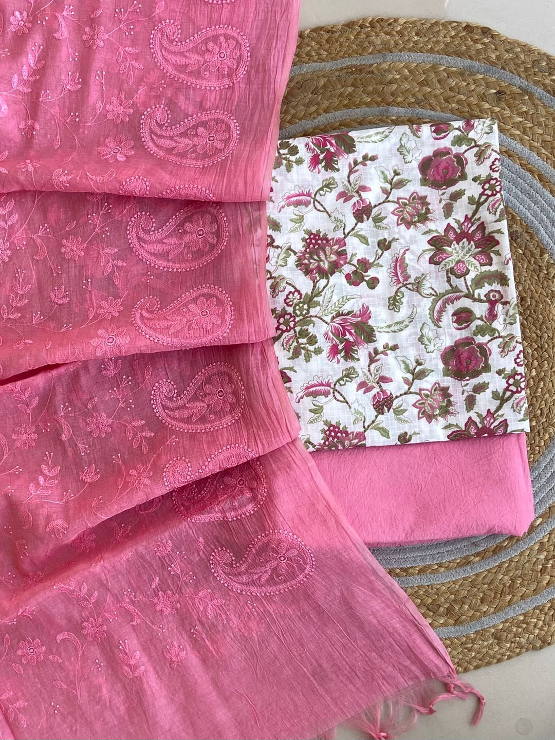 Pure Cotton Azrakh Print Unstitched suit With Chanderi Embroidary Work Dupatta.