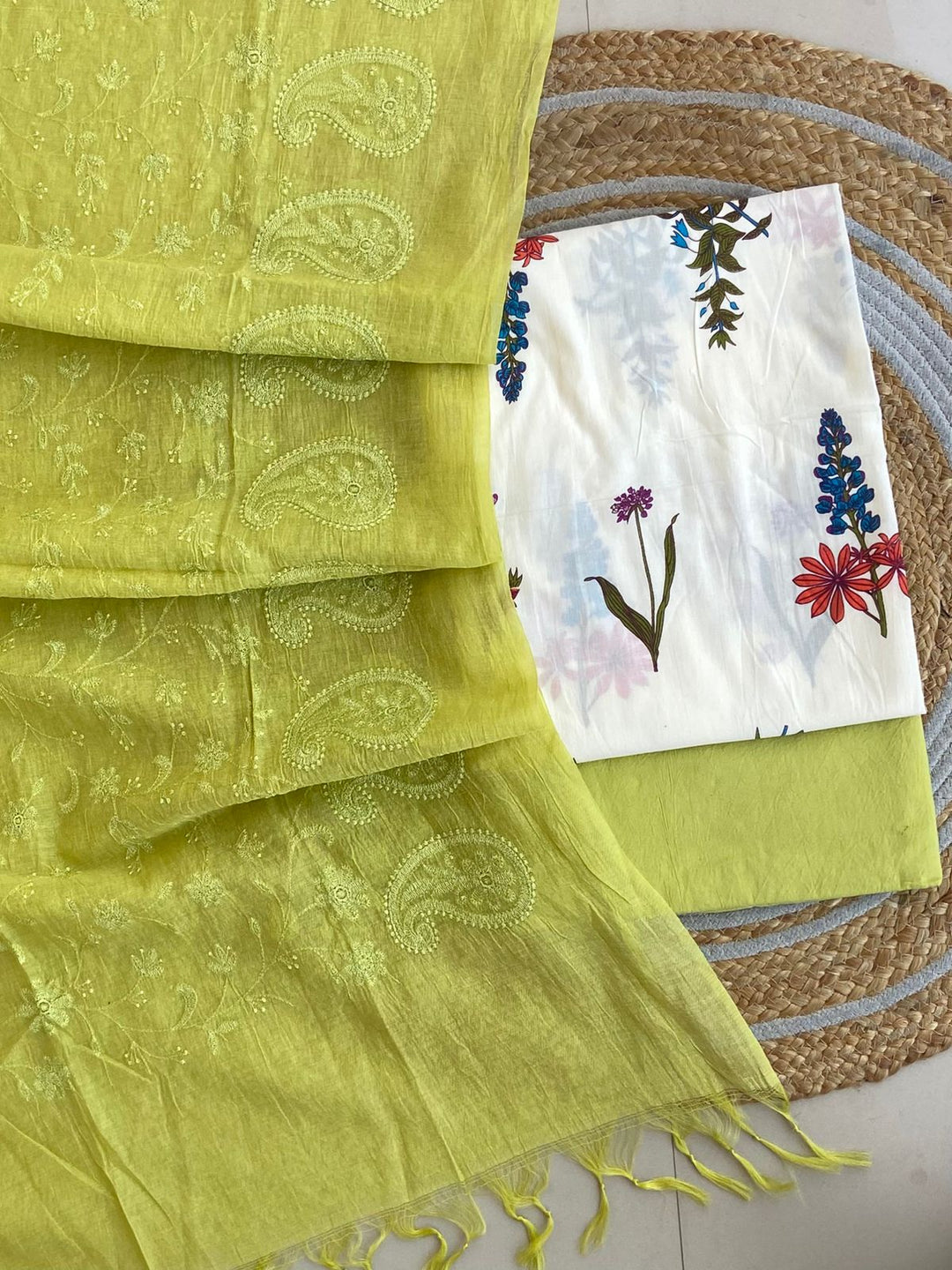 Pure Cotton Azrakh Print Unstitched suit With Chanderi Embroidary Work Dupatta.