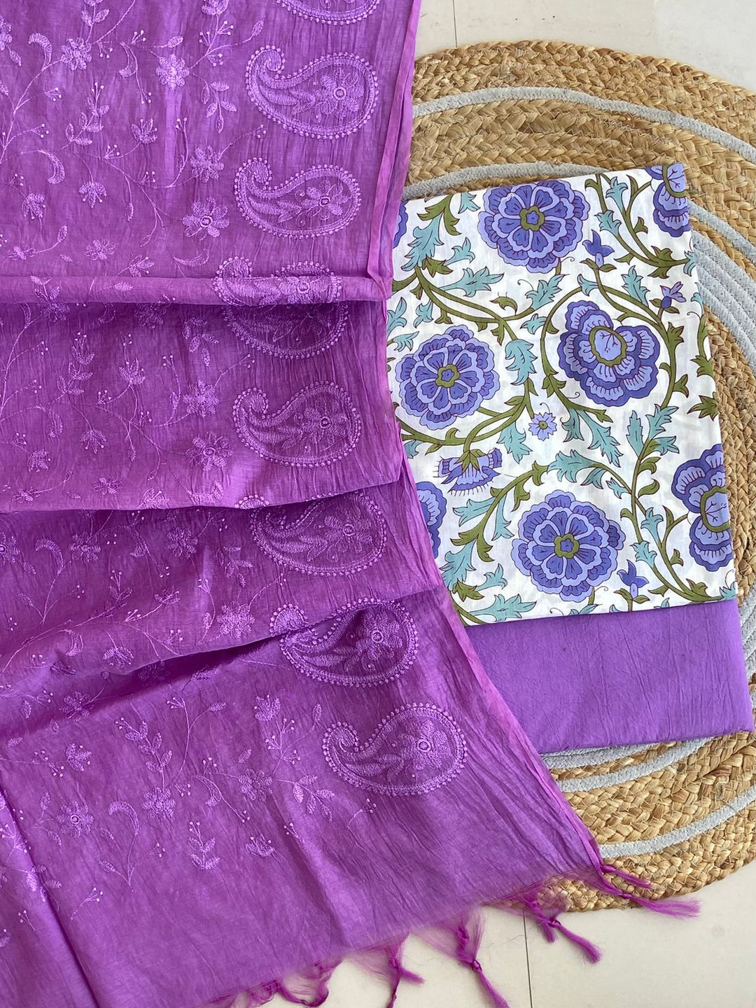 Pure Cotton Azrakh Print Unstitched suit With Chanderi Embroidary Work Dupatta.