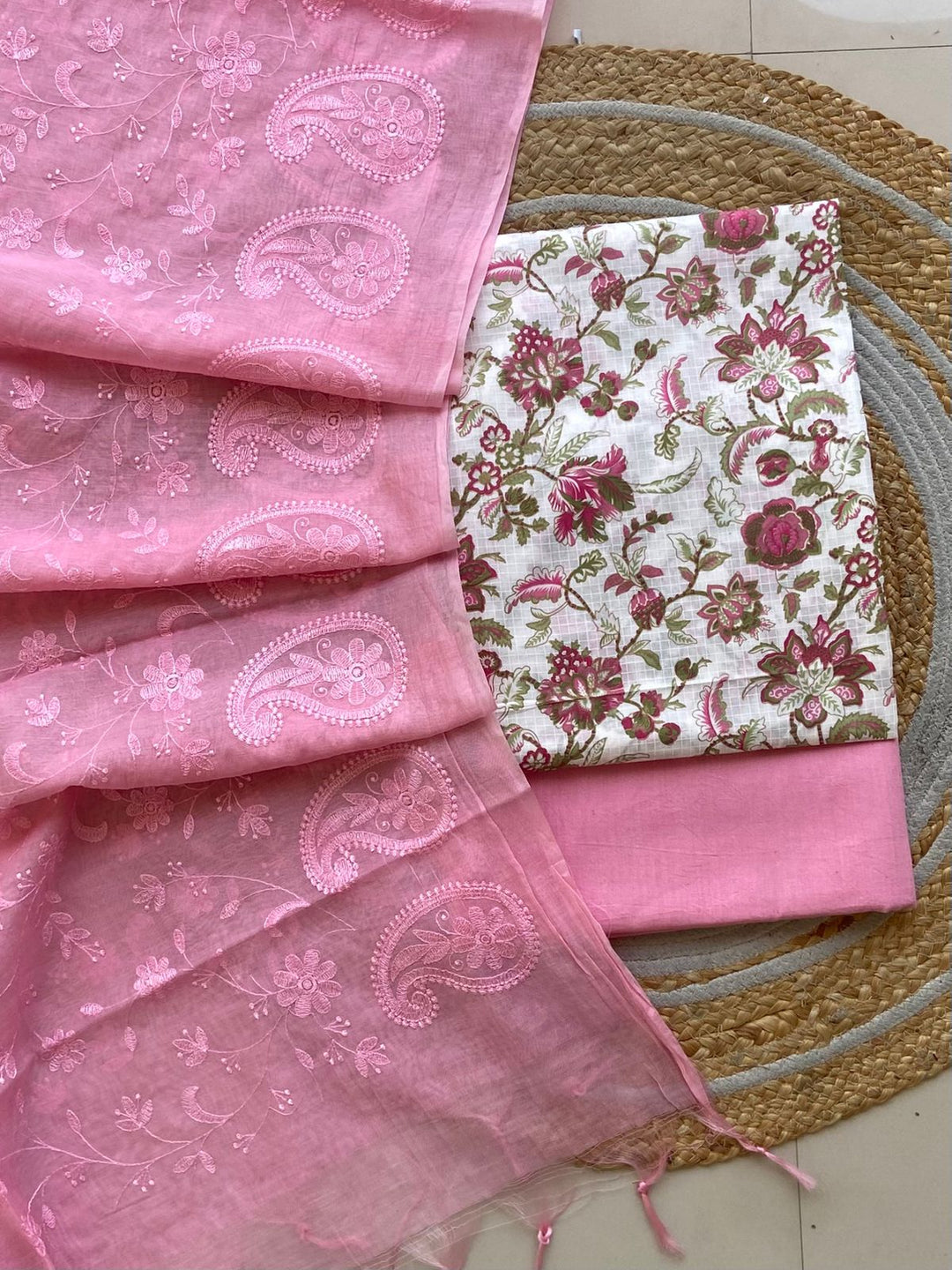 Pure Cotton Azrakh Print Unstitched suit With Chanderi Embroidary Work Dupatta.