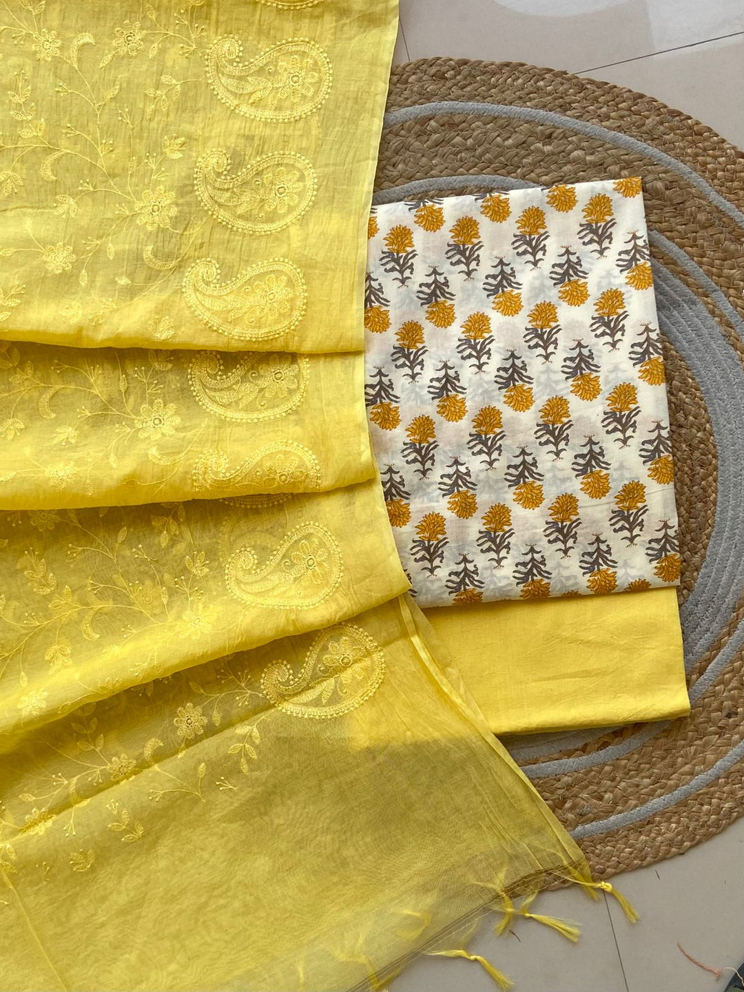 Pure Cotton Azrakh Print Unstitched suit With Chanderi Embroidary Work Dupatta.
