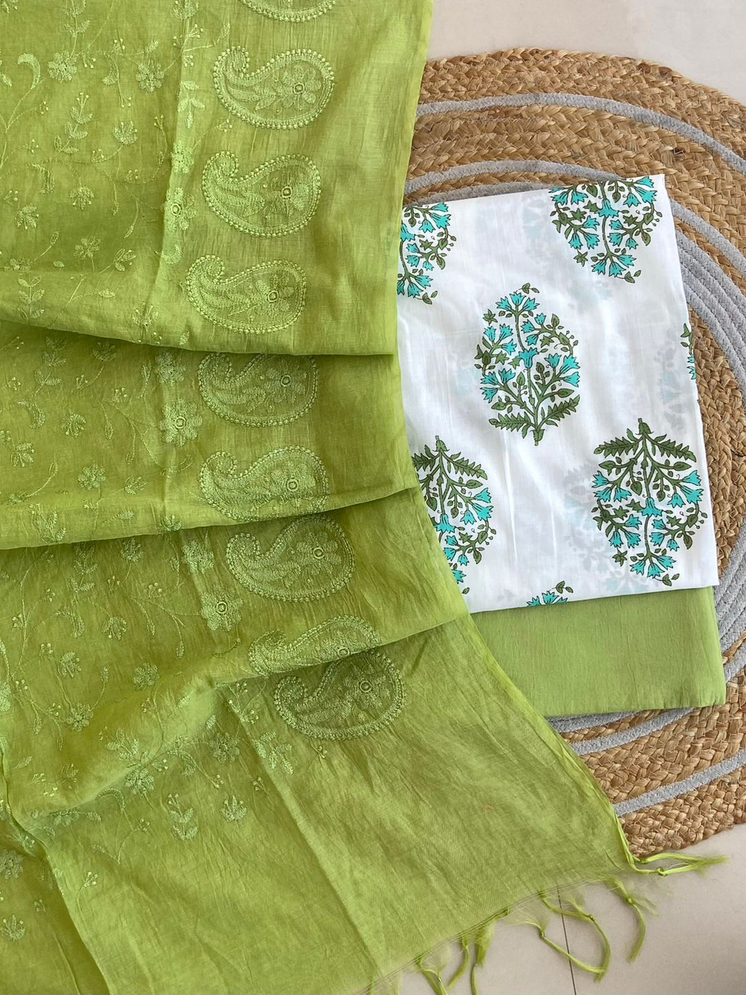 Pure Cotton Azrakh Print Unstitched suit With Chanderi Embroidary Work Dupatta.