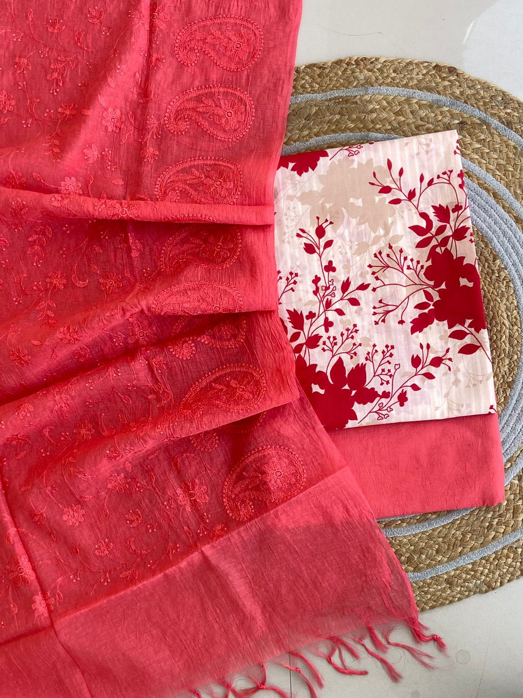 Pure Cotton Azrakh Print Unstitched suit With Chanderi Embroidary Work Dupatta.