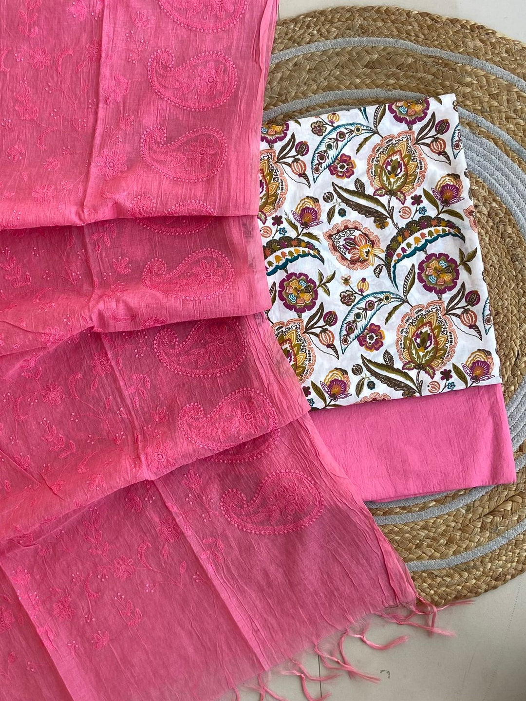 Pure Cotton Azrakh Print Unstitched suit With Chanderi Embroidary Work Dupatta.