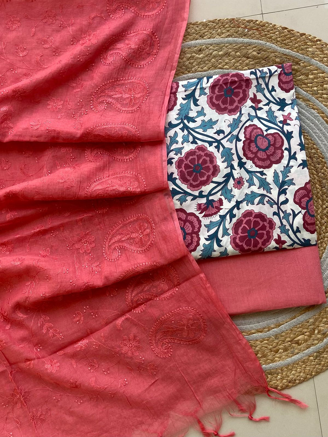 Pure Cotton Azrakh Print Unstitched suit With Chanderi Embroidary Work Dupatta.