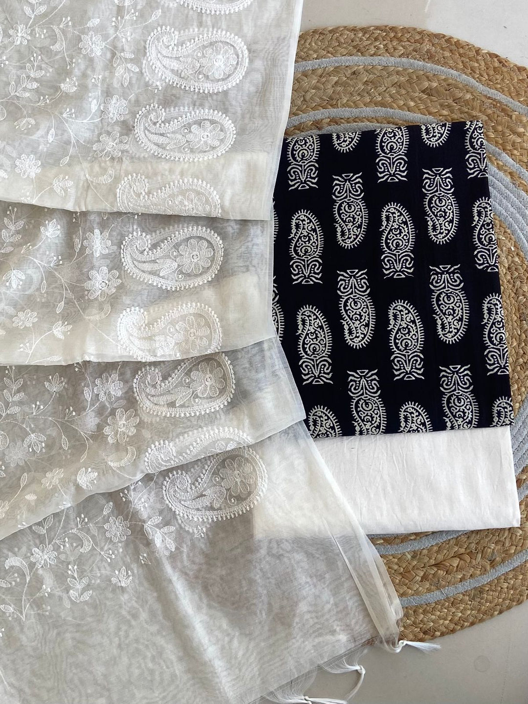 Pure Cotton Azrakh Print Unstitched suit With Chanderi Embroidary Work Dupatta.