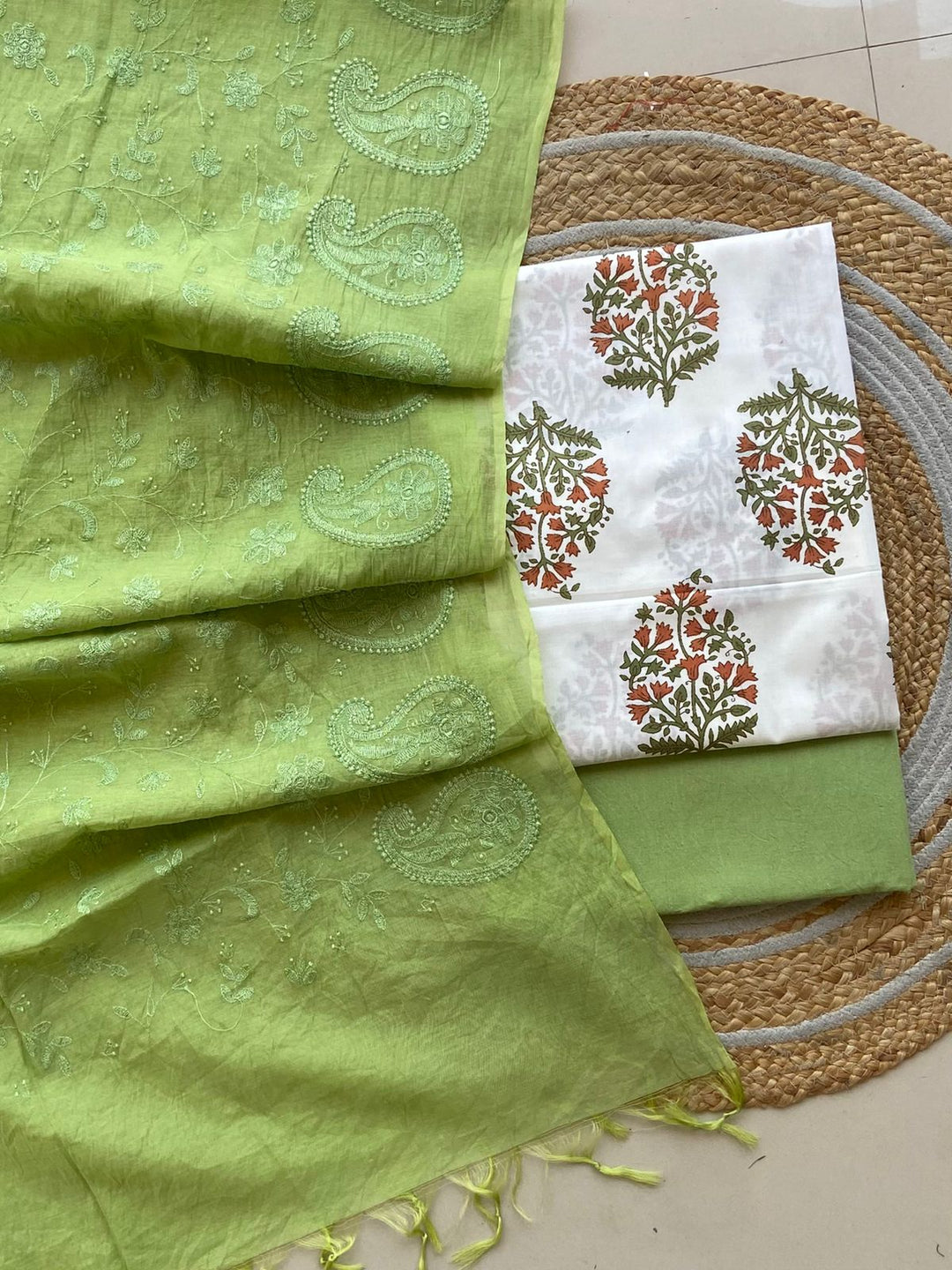 Pure Cotton Azrakh Print Unstitched suit With Chanderi Embroidary Work Dupatta.