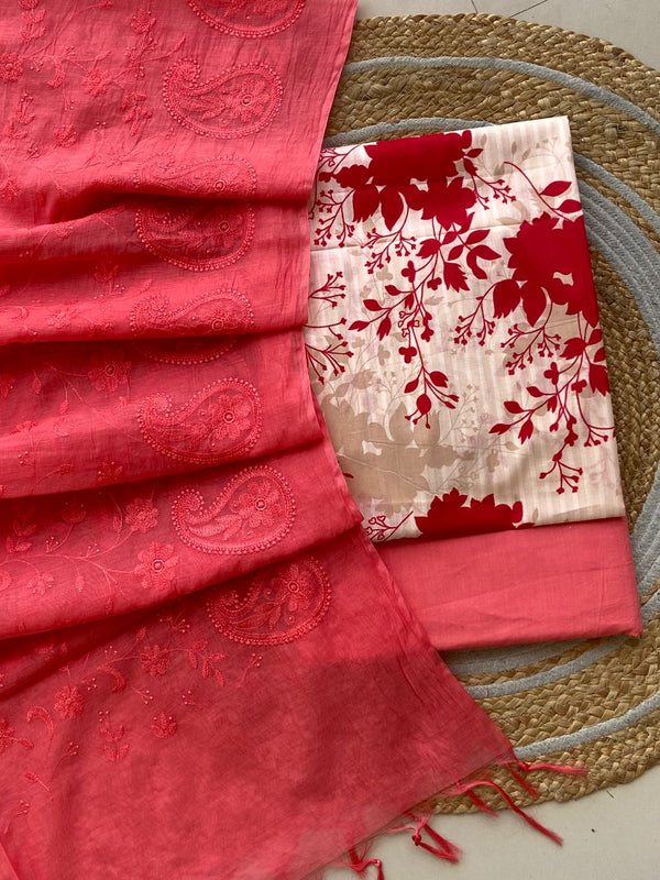 Pure Cotton Azrakh Print Unstitched suit With Chanderi Embroidary Work Dupatta.