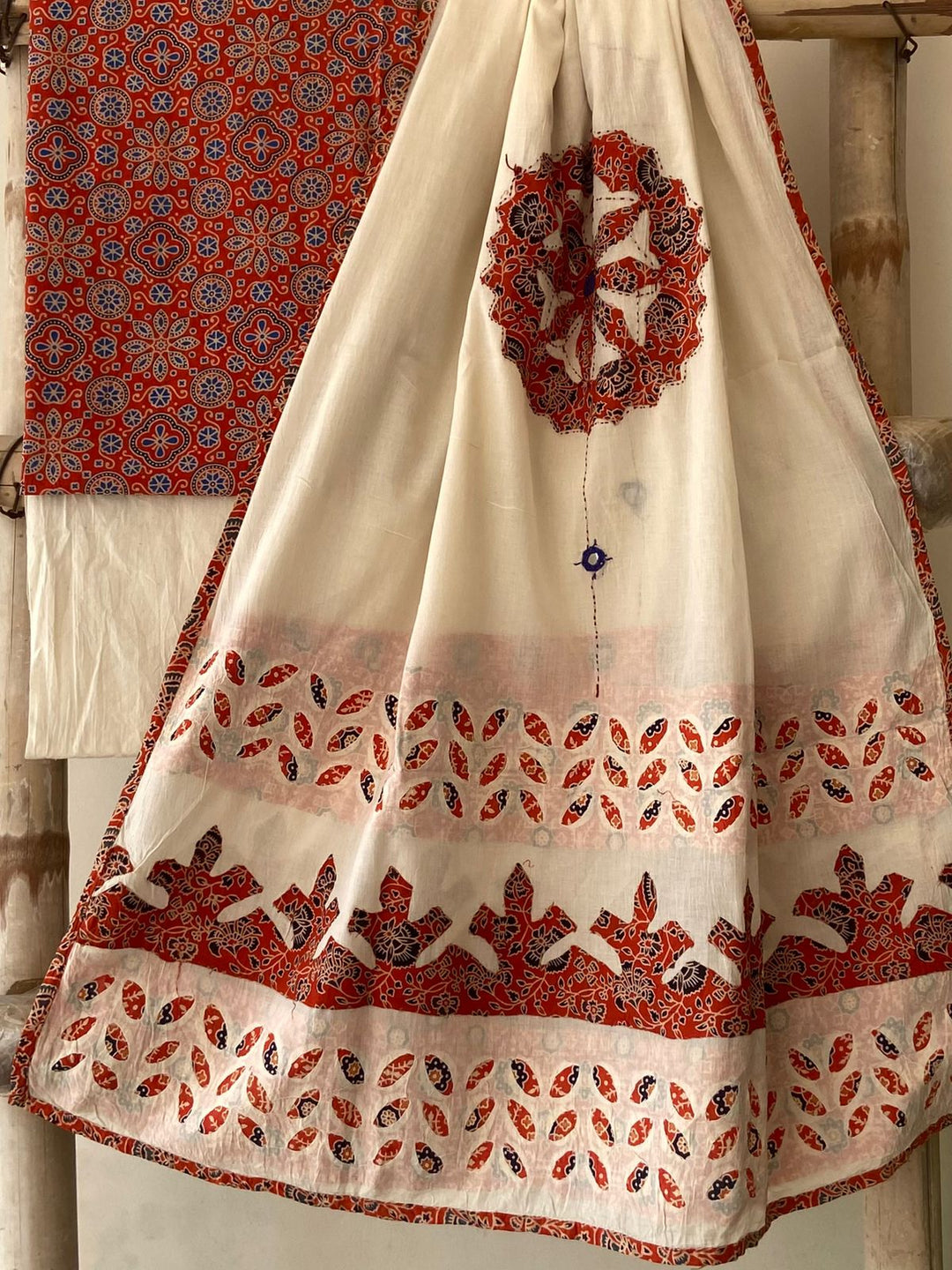 Pure Cotton Azrakh Print Unstitched Suit With Patch Work & Mirror Work Dupatta.
