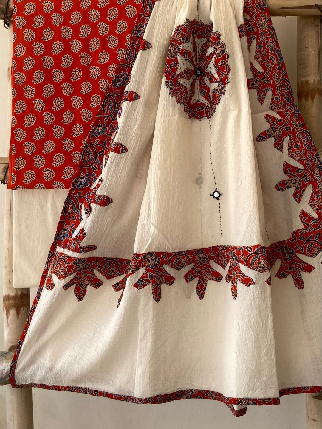 Pure Cotton Azrakh Print Unstitched Suit With Patch Work & Mirror Work Dupatta.