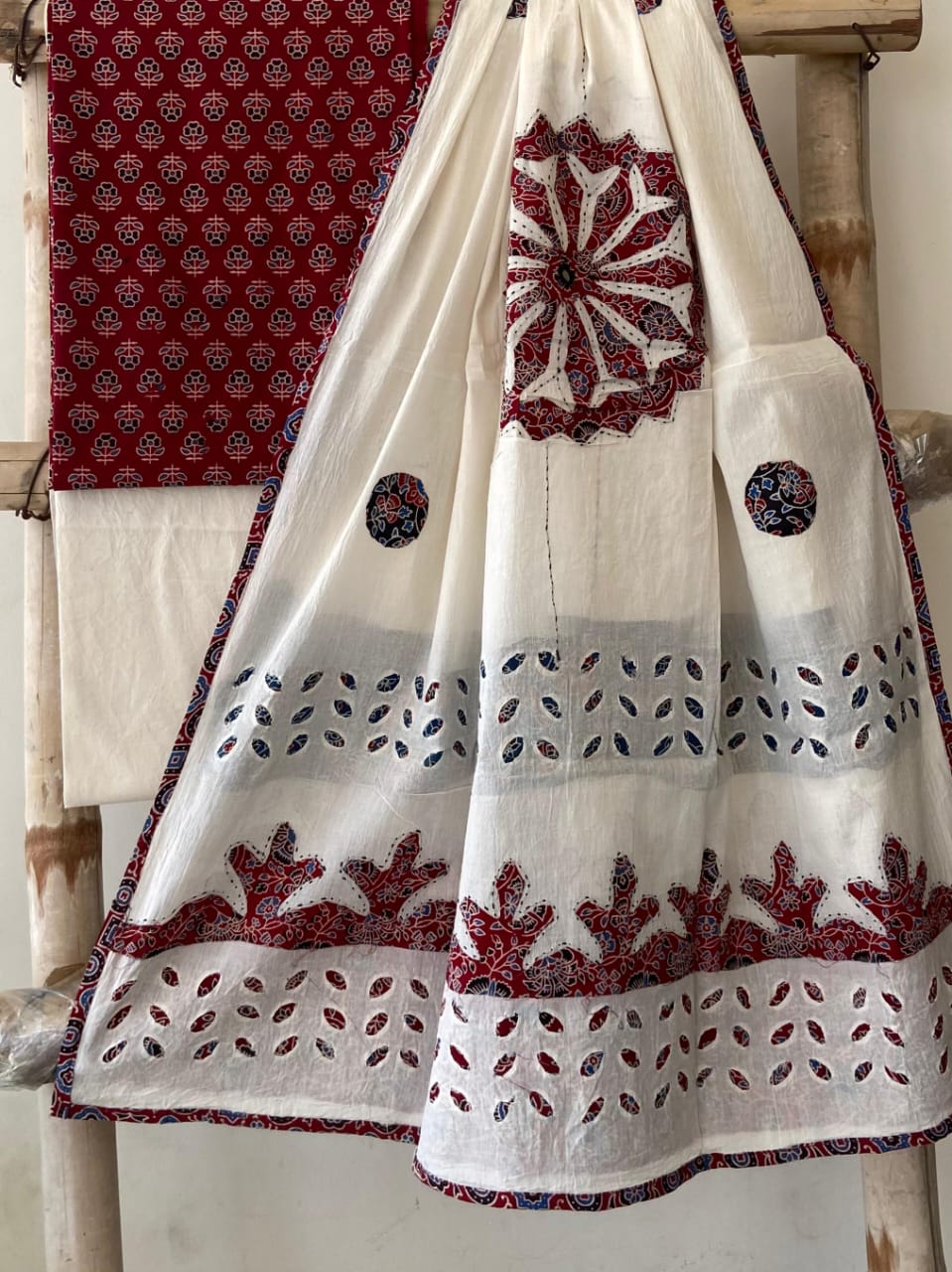 Pure Cotton Azrakh Print Unstitched Suit With Patch Work & Mirror Work Dupatta.