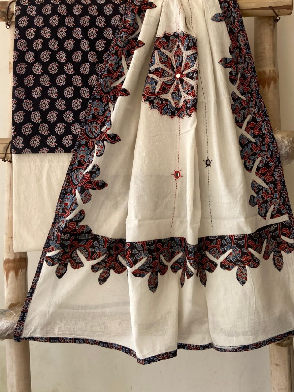 Pure Cotton Azrakh Print Unstitched Suit With Patch Work & Mirror Work Dupatta.