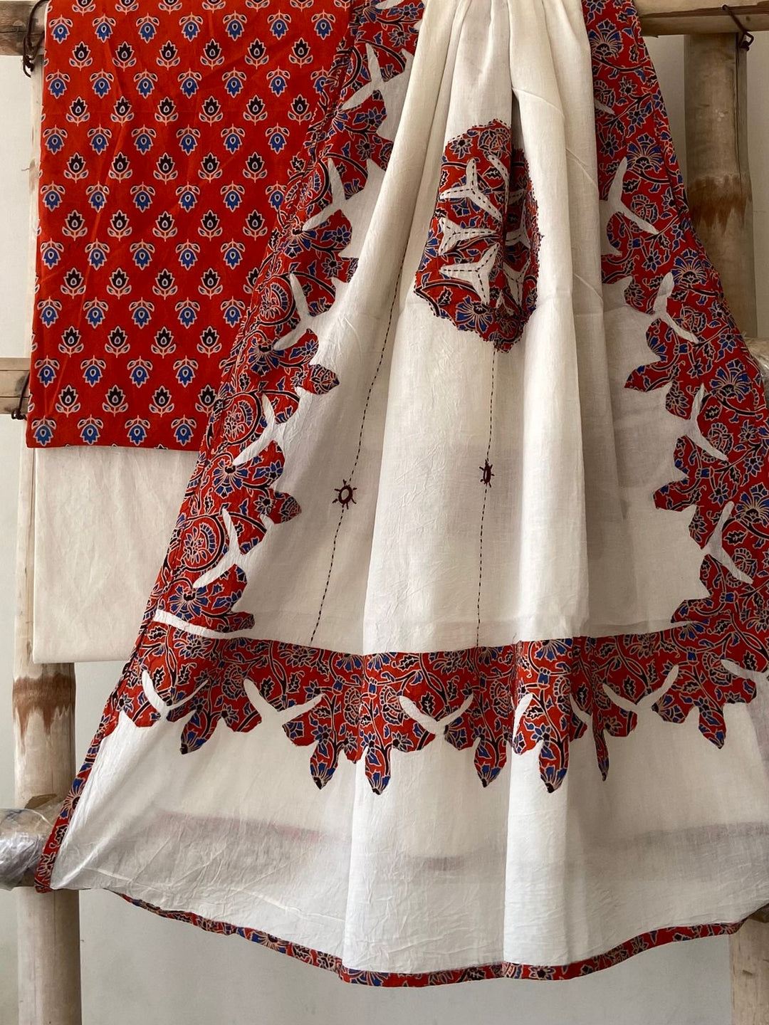 Pure Cotton Azrakh Print Unstitched Suit With Patch Work & Mirror Work Dupatta.