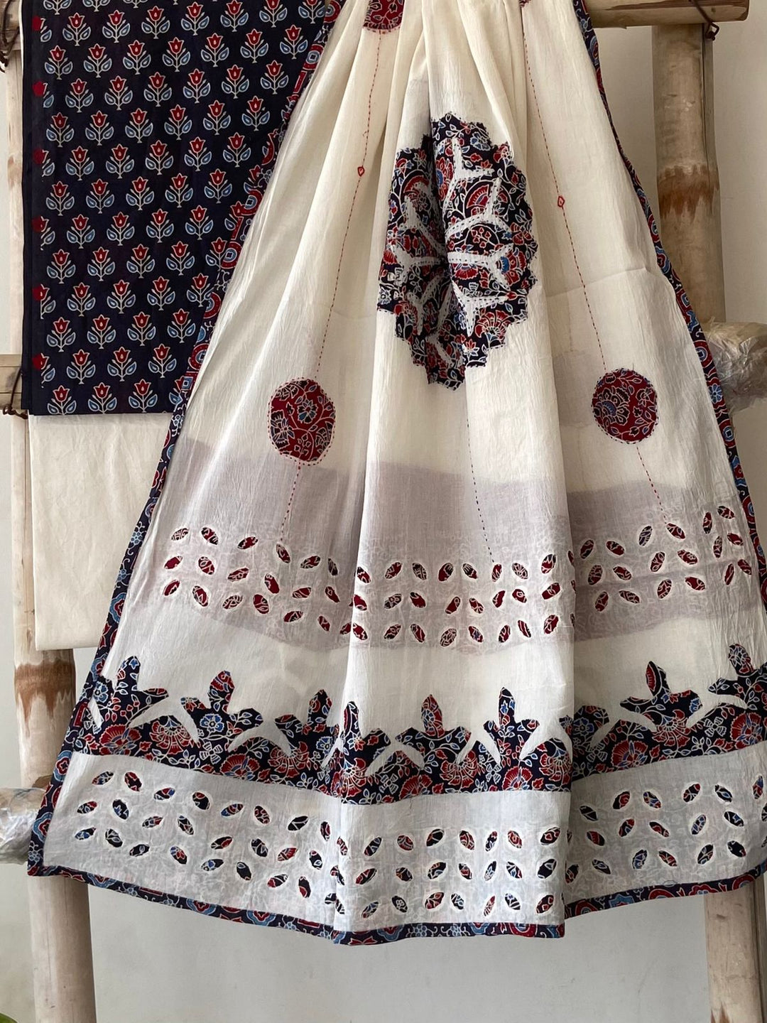Pure Cotton Azrakh Print Unstitched Suit With Patch Work & Mirror Work Dupatta.