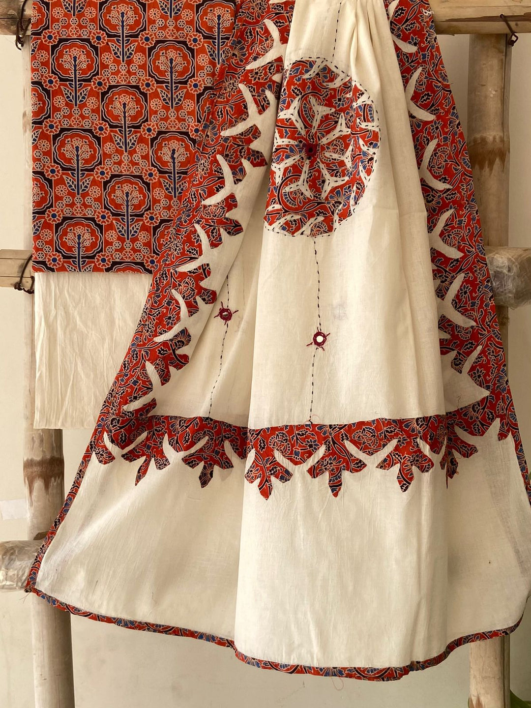Pure Cotton Azrakh Print Unstitched Suit With Patch Work & Mirror Work Dupatta.