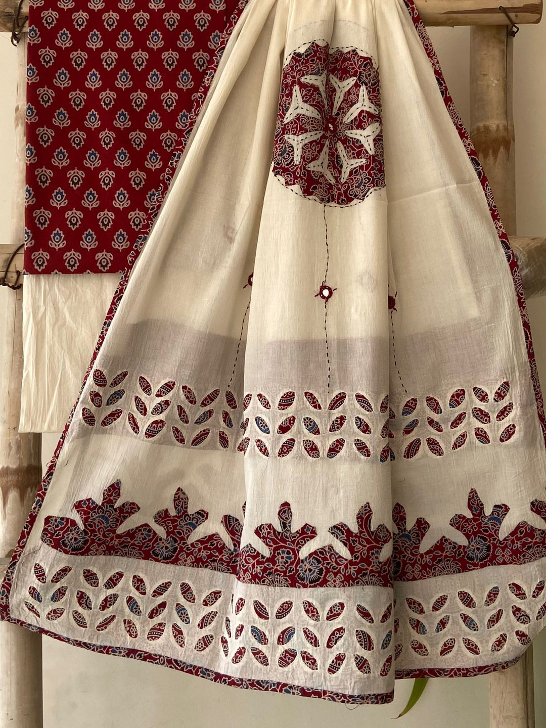 Pure Cotton Azrakh Print Unstitched Suit With Patch Work & Mirror Work Dupatta.