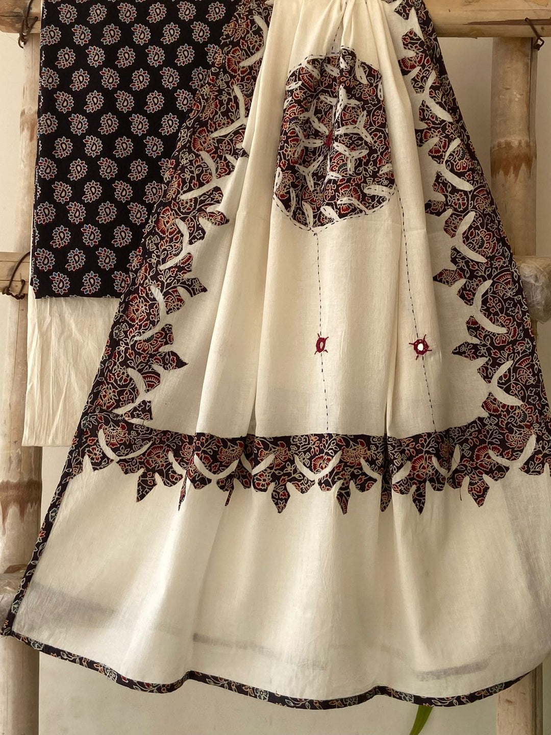 Pure Cotton Azrakh Print Unstitched Suit With Patch Work & Mirror Work Dupatta.