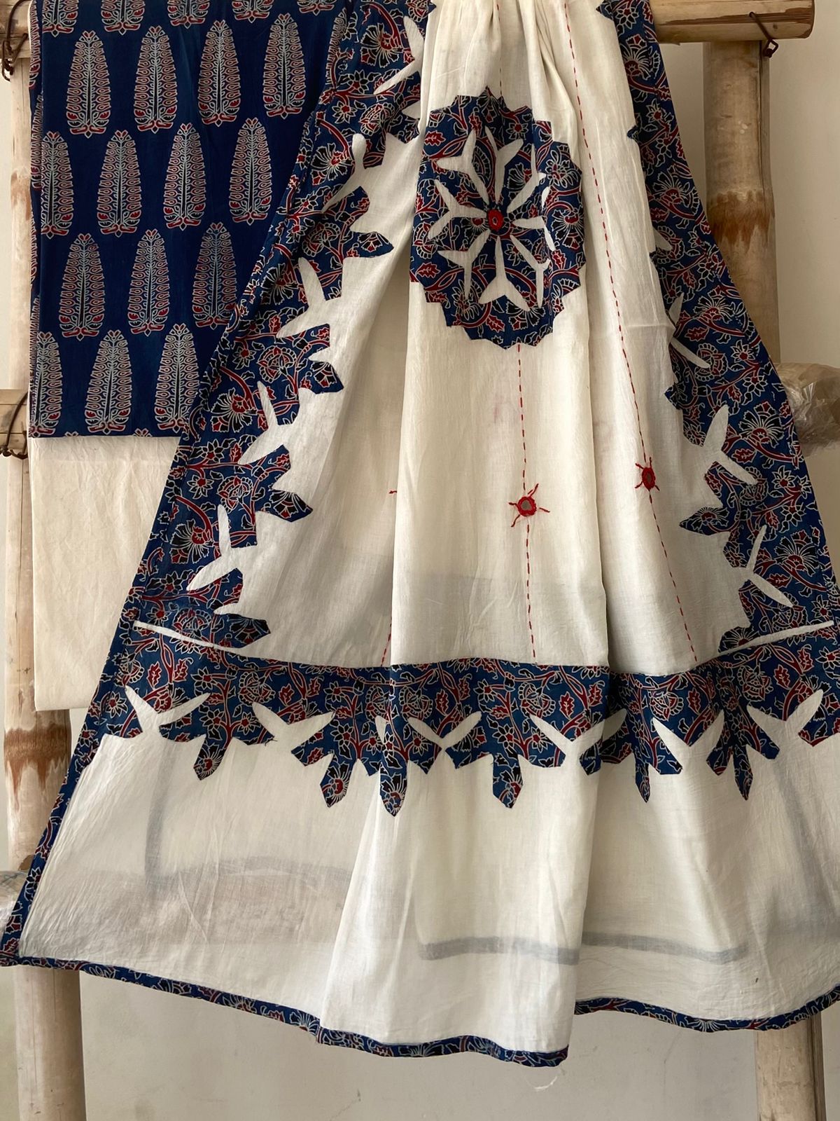 Pure Cotton Azrakh Print Unstitched Suit With Patch Work & Mirror Work ...