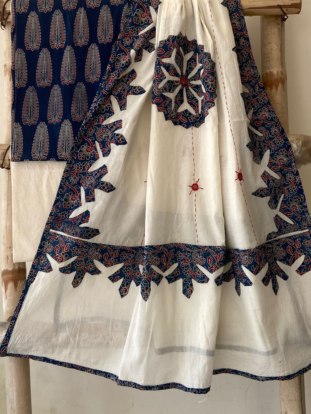 Pure Cotton Azrakh Print Unstitched Suit With Patch Work & Mirror Work Dupatta.