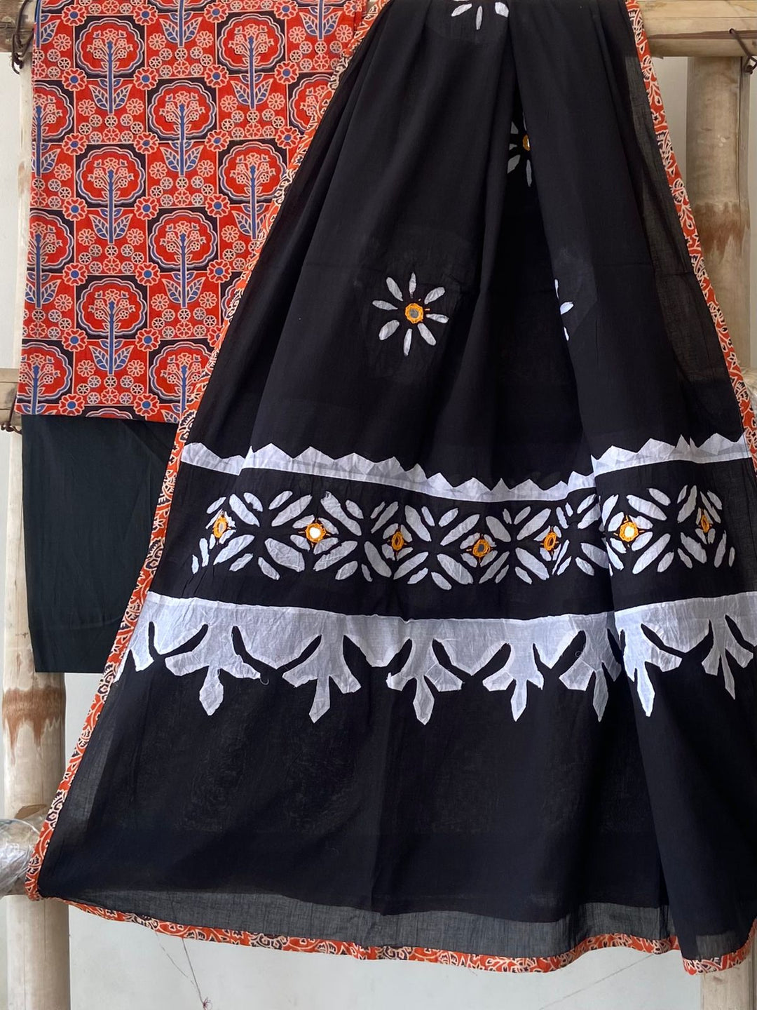Pure Cotton Azrakh Print Unstitched Suit With Patch Work & Mirror Work Dupatta.