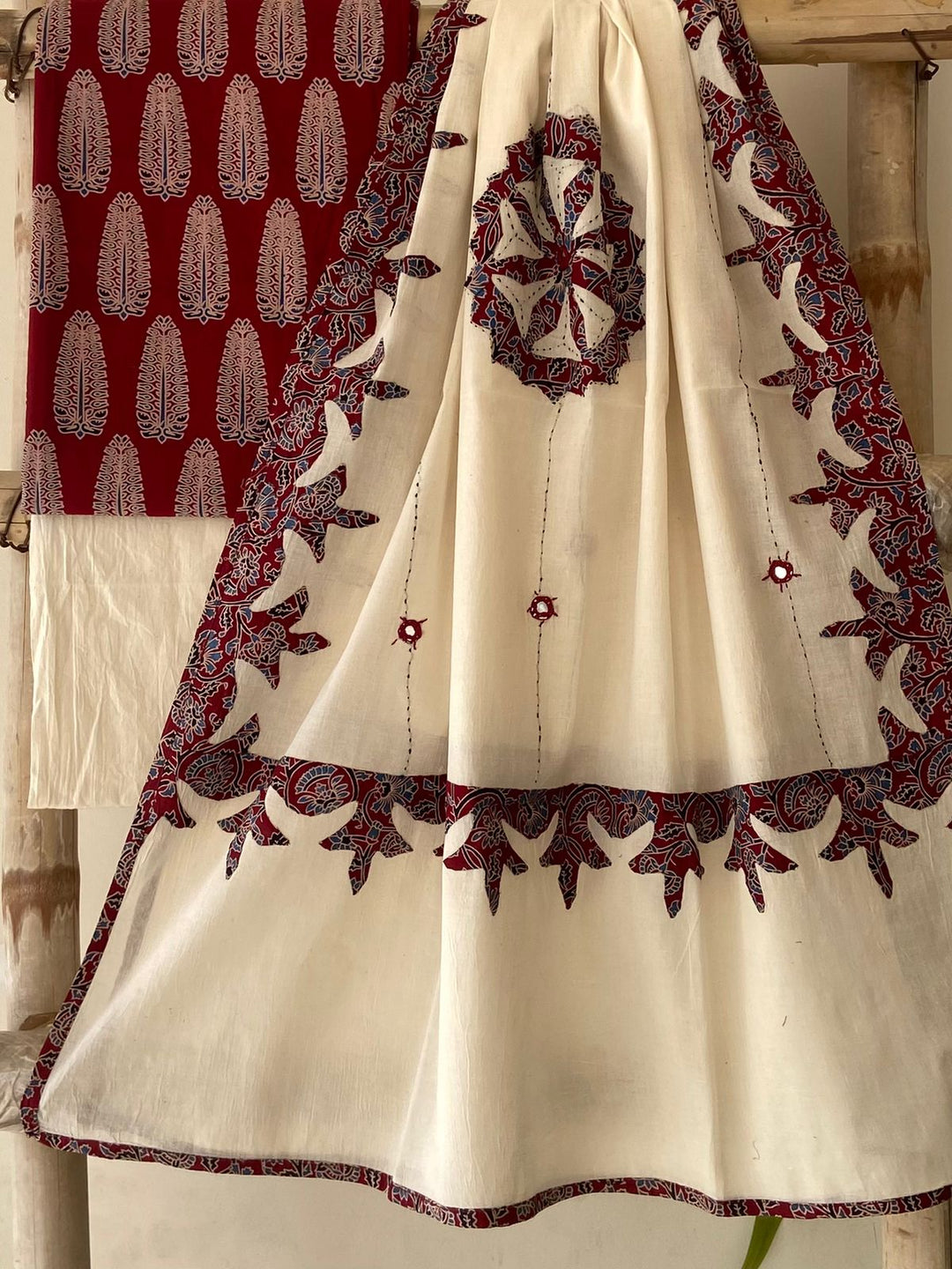 Pure Cotton Azrakh Print Unstitched Suit With Patch Work & Mirror Work Dupatta.