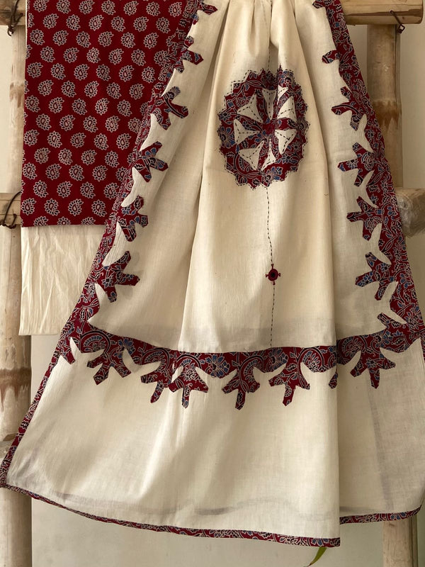 Pure Cotton Azrakh Print Unstitched Suit With Patch Work & Mirror Work Dupatta.