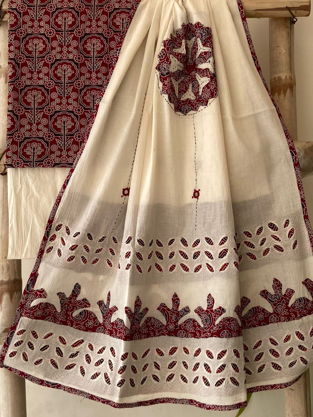Pure Cotton Azrakh Print Unstitched Suit With Patch Work & Mirror Work Dupatta.