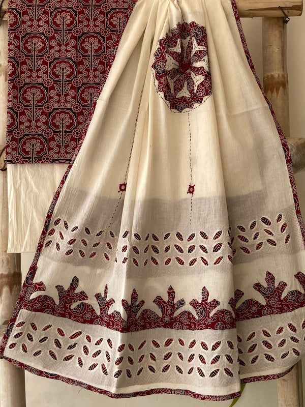 Pure Cotton Azrakh Print Unstitched Suit With Patch Work & Mirror Work Dupatta.
