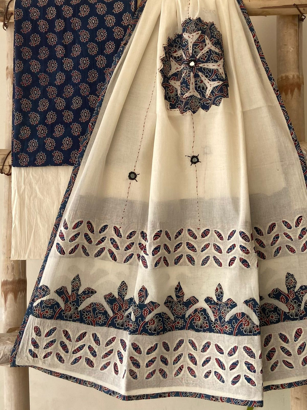 Pure Cotton Azrakh Print Unstitched Suit With Patch Work & Mirror Work Dupatta.